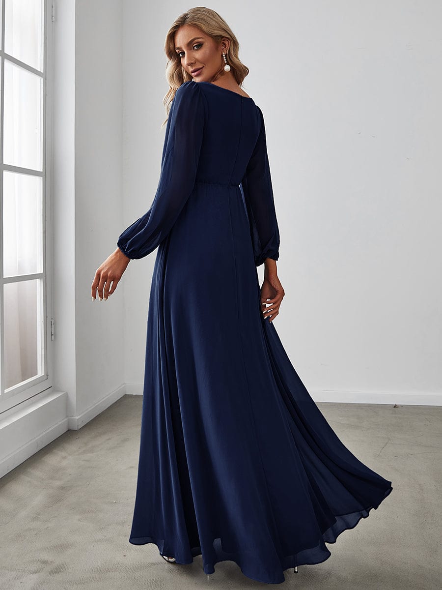 MsDresslyEP Formal Dress Elegant Chiffon V-Neckline Long Sleeve Formal Evening Dress
