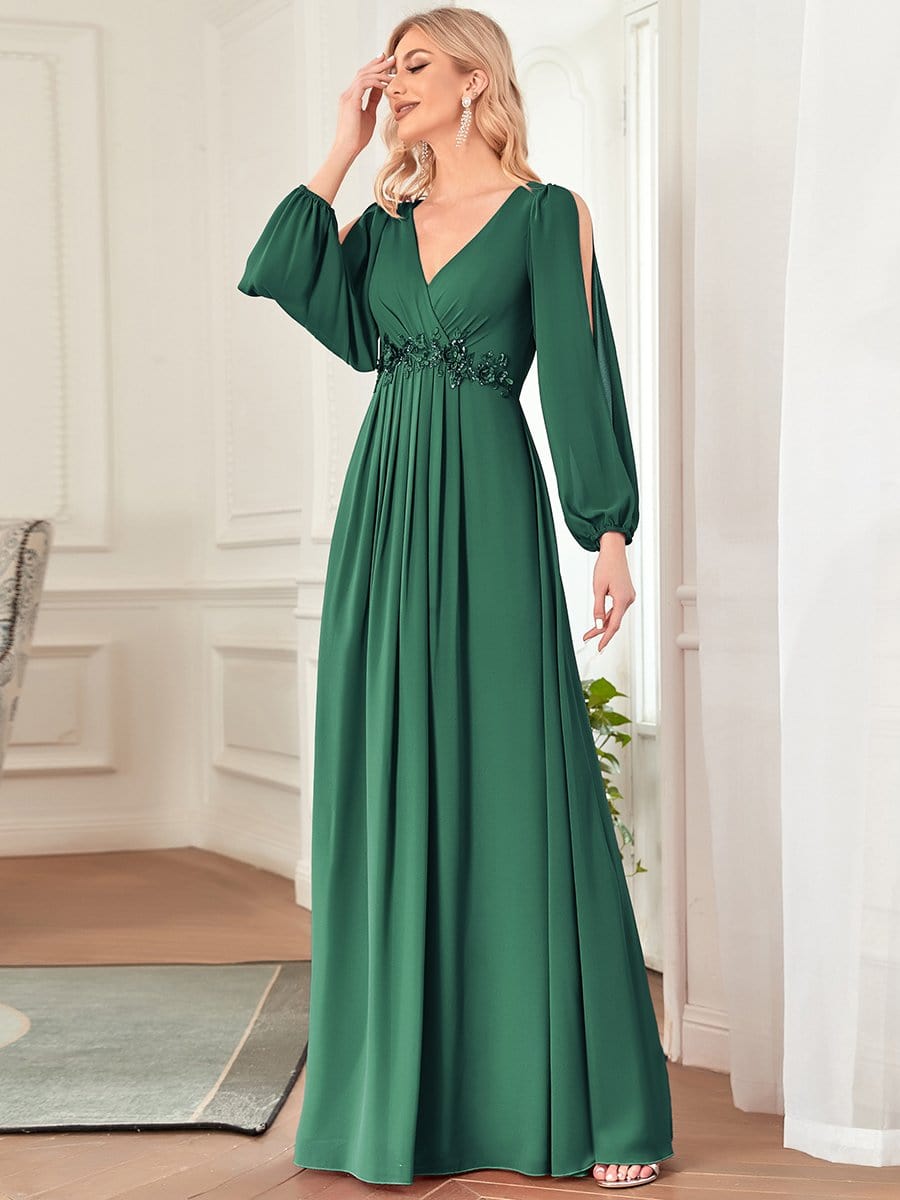 MsDresslyEP Formal Dress Elegant Chiffon V-Neckline Long Sleeve Formal Evening Dress