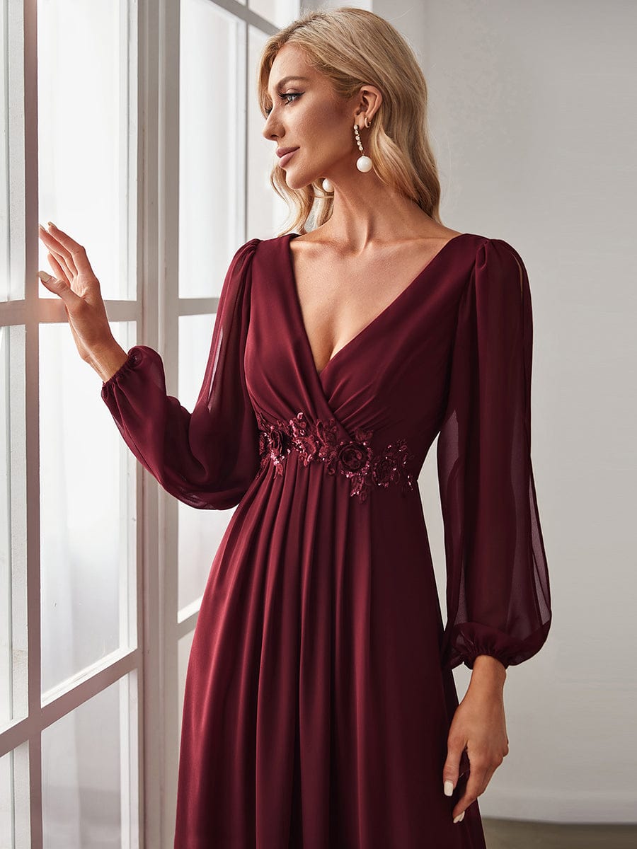 MsDresslyEP Formal Dress Elegant Chiffon V-Neckline Long Sleeve Formal Evening Dress