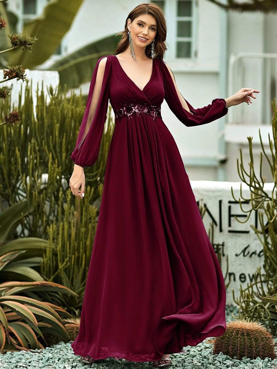 MsDresslyEP Formal Dress Elegant Chiffon V-Neckline Long Sleeve Formal Evening Dress