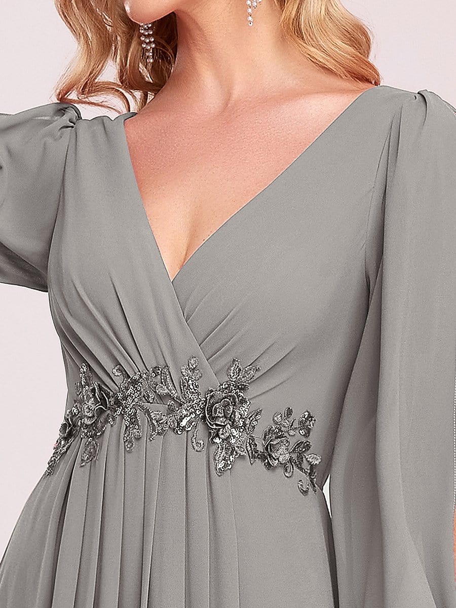 MsDresslyEP Formal Dress Elegant Chiffon V-Neckline Long Sleeve Formal Evening Dress