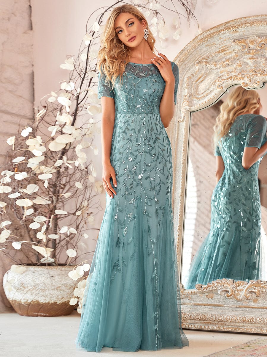 MsDresslyEP Formal Dress Floral Sequin Print Maxi Long Fishtail Formal Dresses With Half Sleeve DRE230978927DBU2