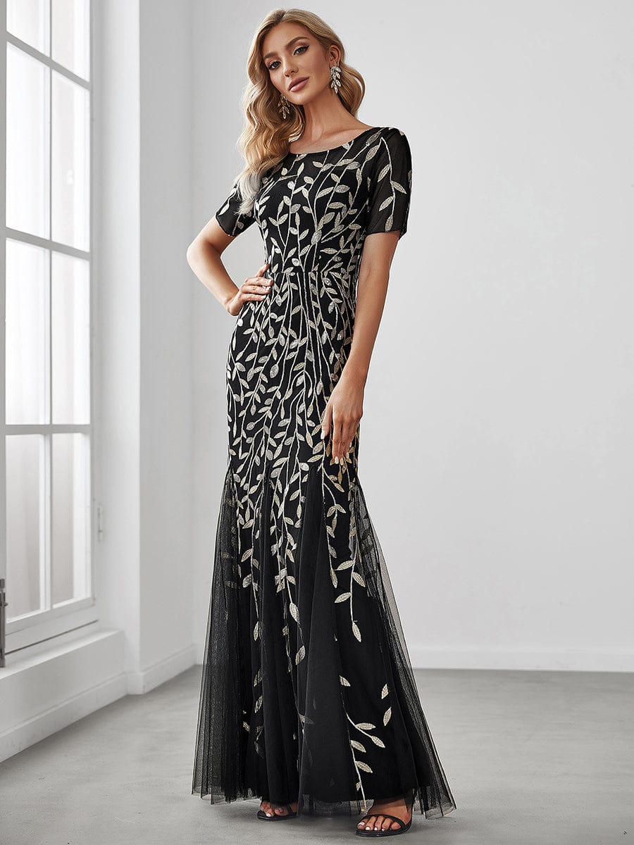 MsDresslyEP Formal Dress Floral Sequin Print Maxi Long Fishtail Formal Dresses With Half Sleeve DRE230978953BGD2