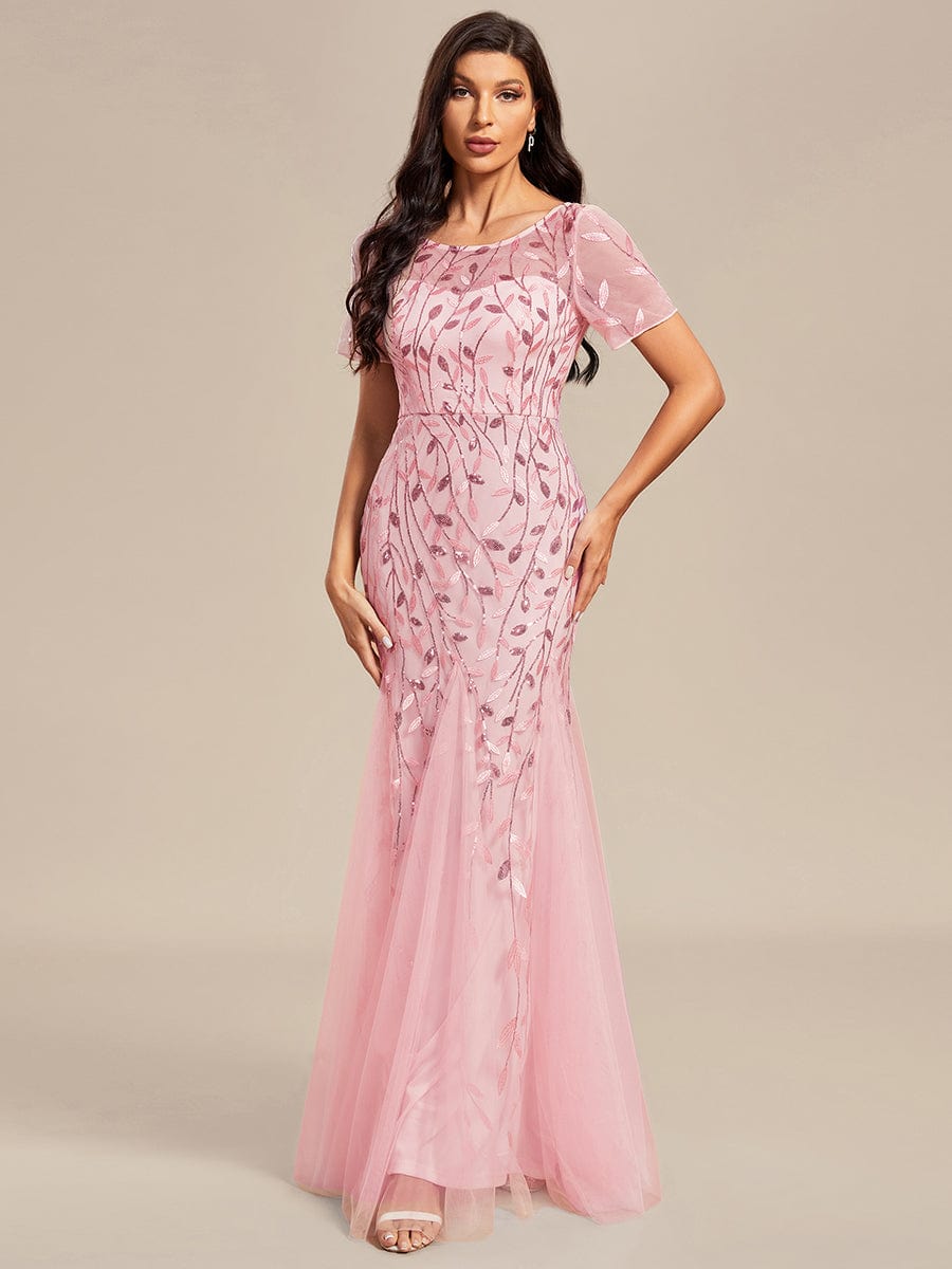 MsDresslyEP Formal Dress Floral Sequin Print Maxi Long Fishtail Formal Dresses With Half Sleeve DRE230978979PNK4
