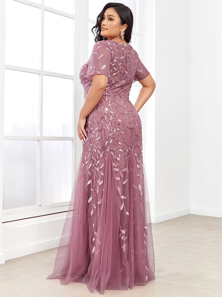 MsDresslyEP Formal Dress Floral Sequin Print Maxi Long Fishtail Formal Dresses With Half Sleeve