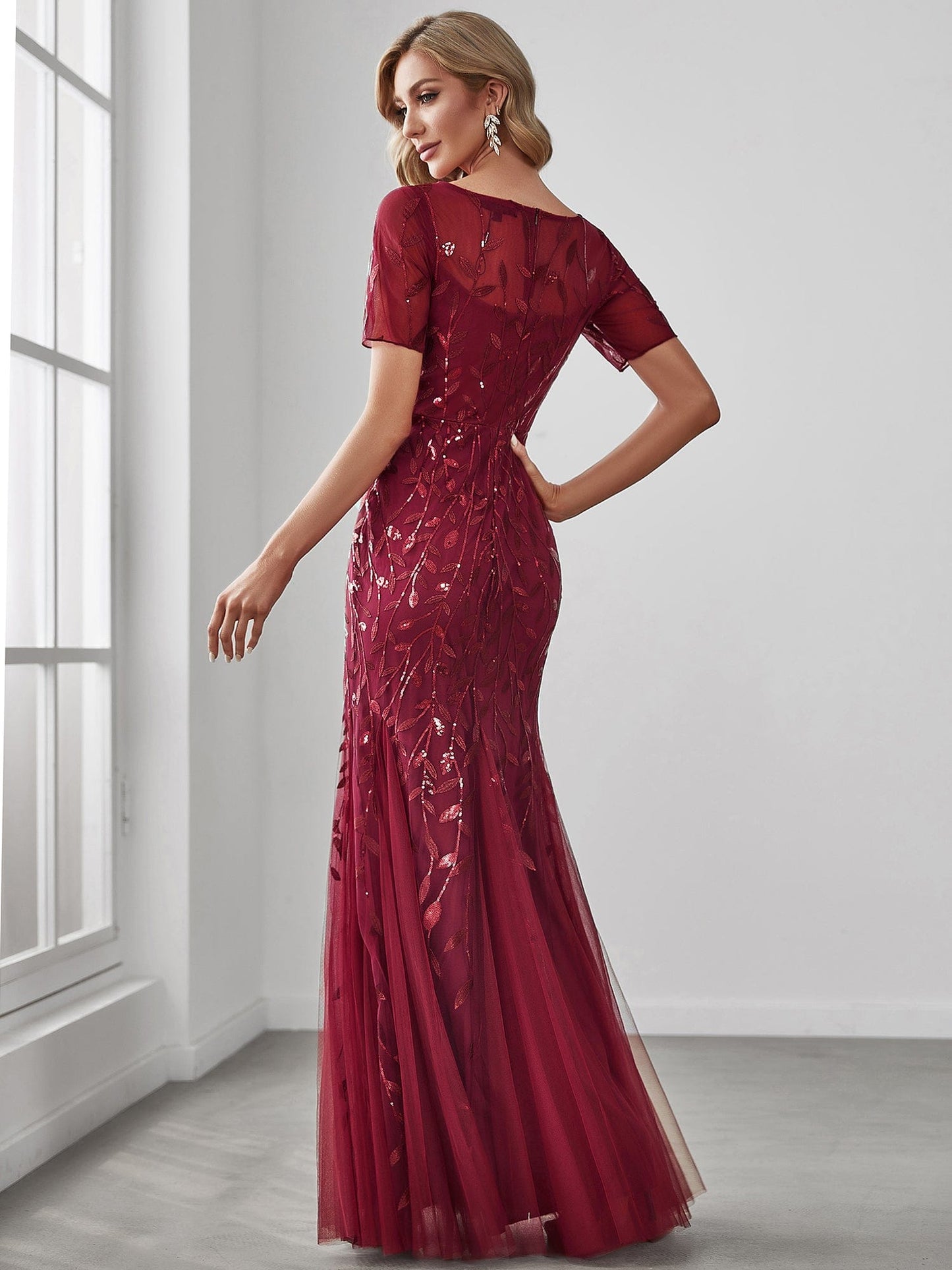 MsDresslyEP Formal Dress Floral Sequin Print Maxi Long Fishtail Formal Dresses With Half Sleeve