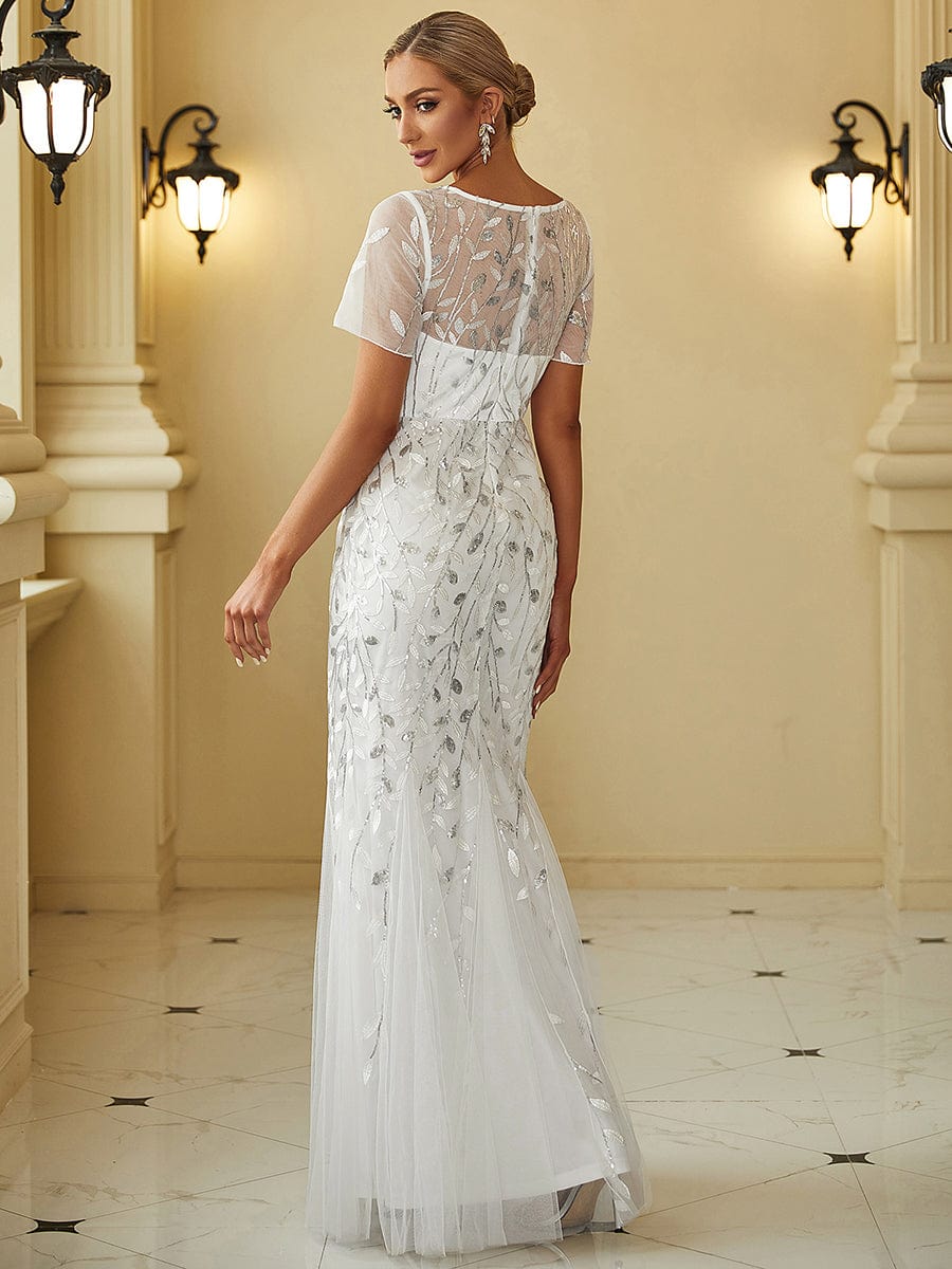 MsDresslyEP Formal Dress Floral Sequin Print Maxi Long Fishtail Formal Dresses With Half Sleeve