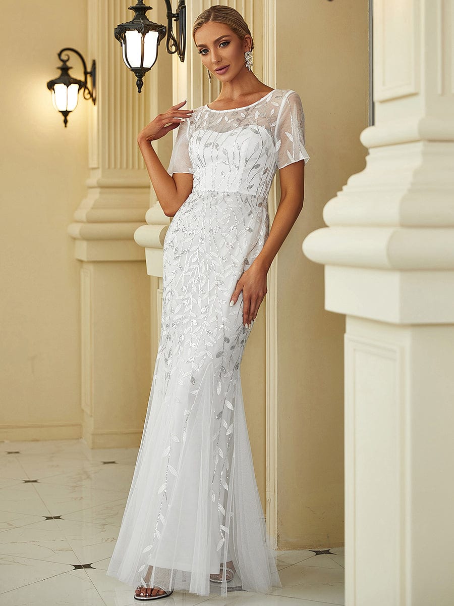 MsDresslyEP Formal Dress Floral Sequin Print Maxi Long Fishtail Formal Dresses With Half Sleeve