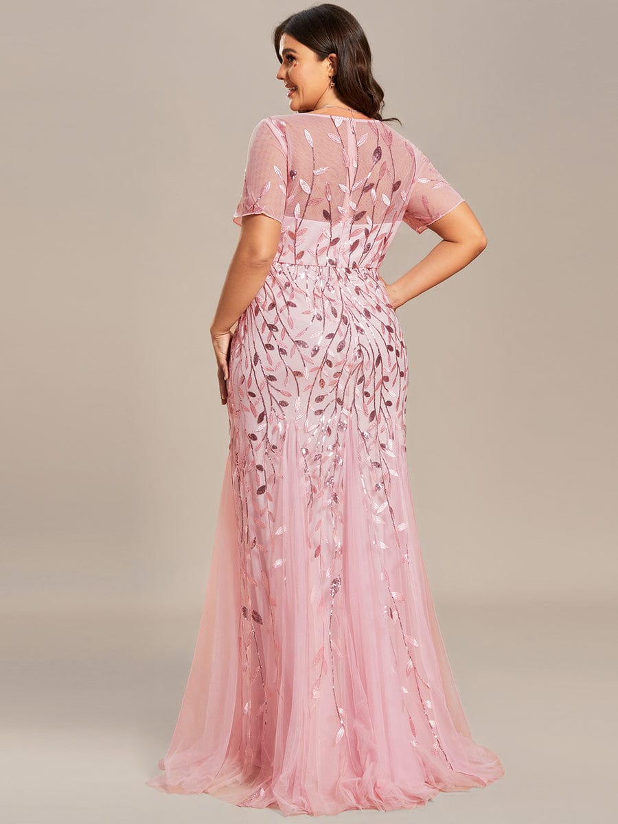MsDresslyEP Formal Dress Floral Sequin Print Maxi Long Fishtail Formal Dresses With Half Sleeve