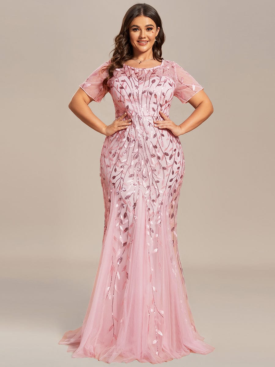 MsDresslyEP Formal Dress Floral Sequin Print Maxi Long Fishtail Formal Dresses With Half Sleeve