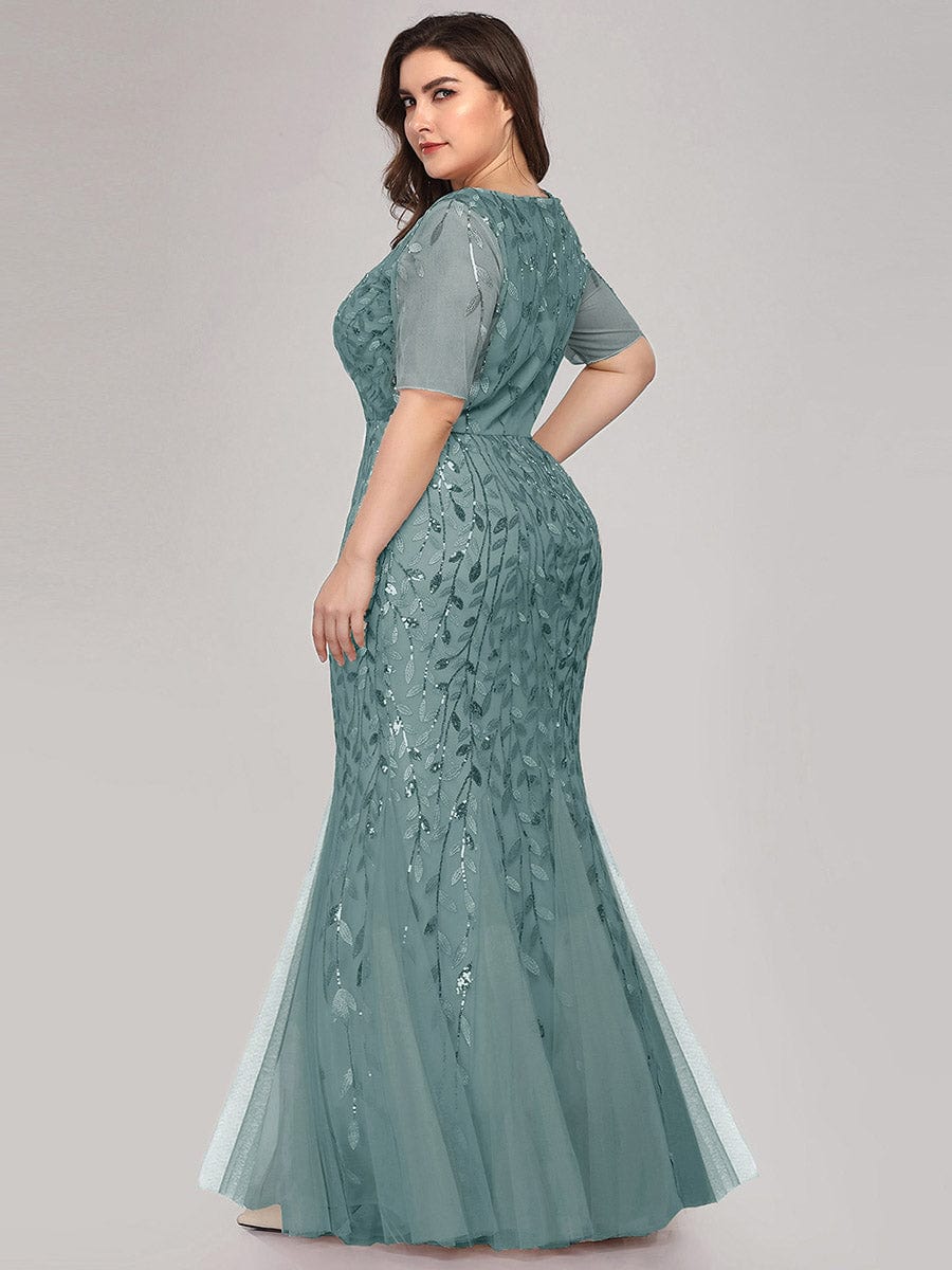 MsDresslyEP Formal Dress Floral Sequin Print Maxi Long Fishtail Formal Dresses With Half Sleeve