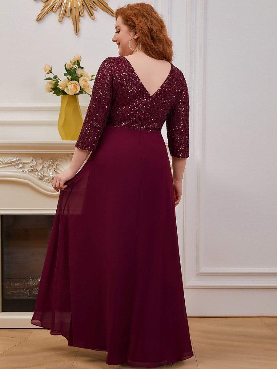 MsDresslyEP Formal Dress Sexy V Neck Sequin Evening Dresses with 3/4 Sleeve