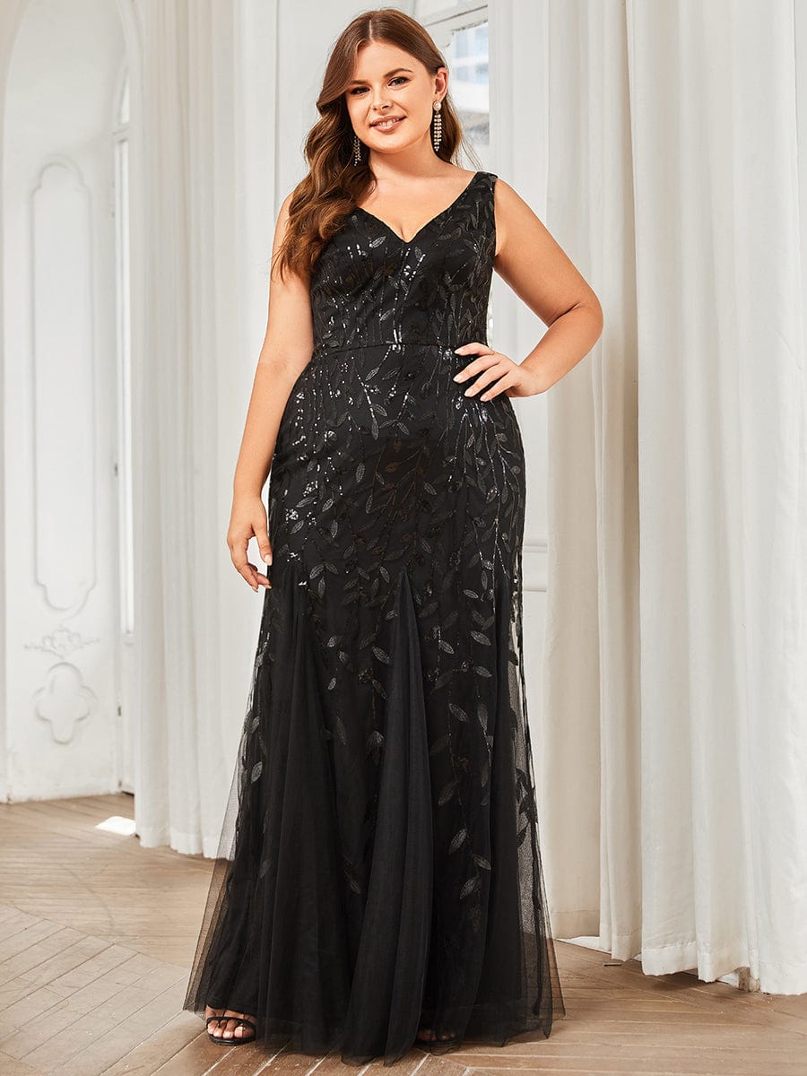 MsDresslyEP Plus Formal Dress Plus Size Double V-Neck Fishtail Sequin Formal Maxi Evening Dress DRE230976511BLK16