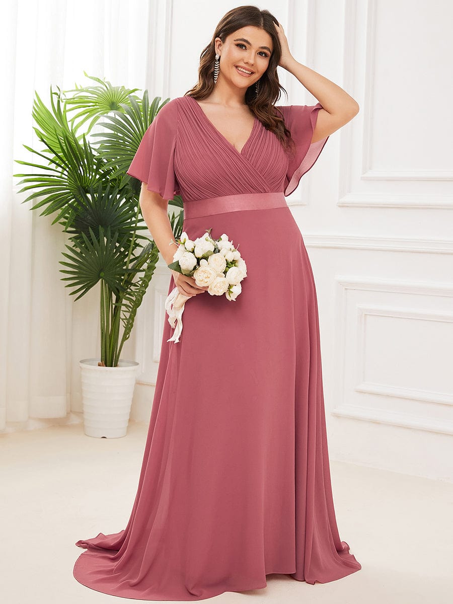 MsDresslyEP Plus Formal Dress Plus Size Empire Waist V Back Bridesmaid Dress with Short Sleeves