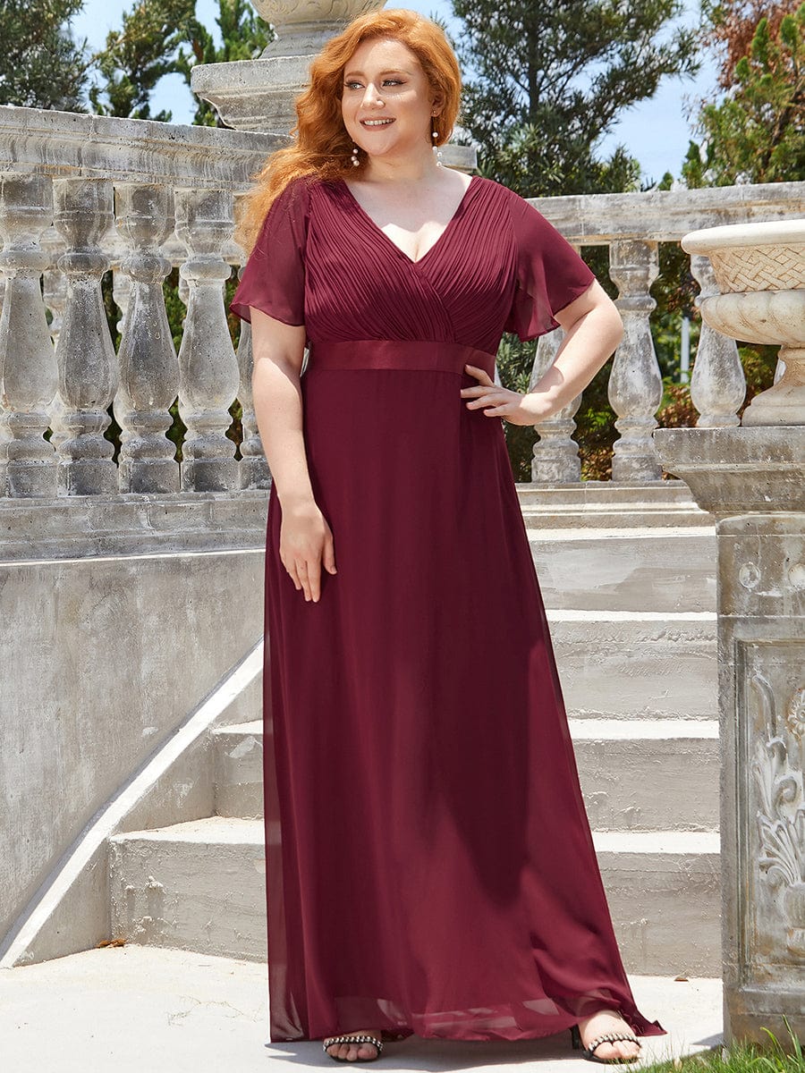 MsDresslyEP Plus Formal Dress Plus Size Empire Waist V Back Bridesmaid Dress with Short Sleeves