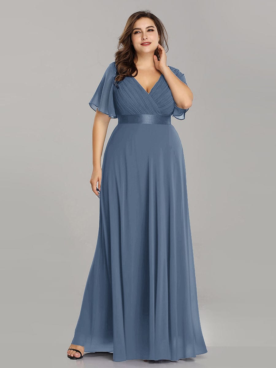 MsDresslyEP Plus Formal Dress Plus Size Empire Waist V Back Bridesmaid Dress with Short Sleeves
