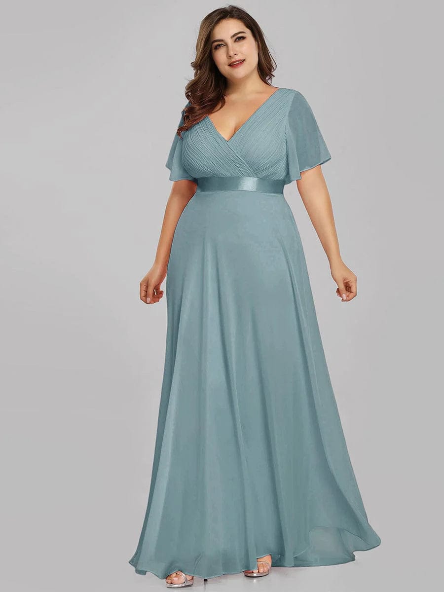 MsDresslyEP Plus Formal Dress Plus Size Empire Waist V Back Bridesmaid Dress with Short Sleeves