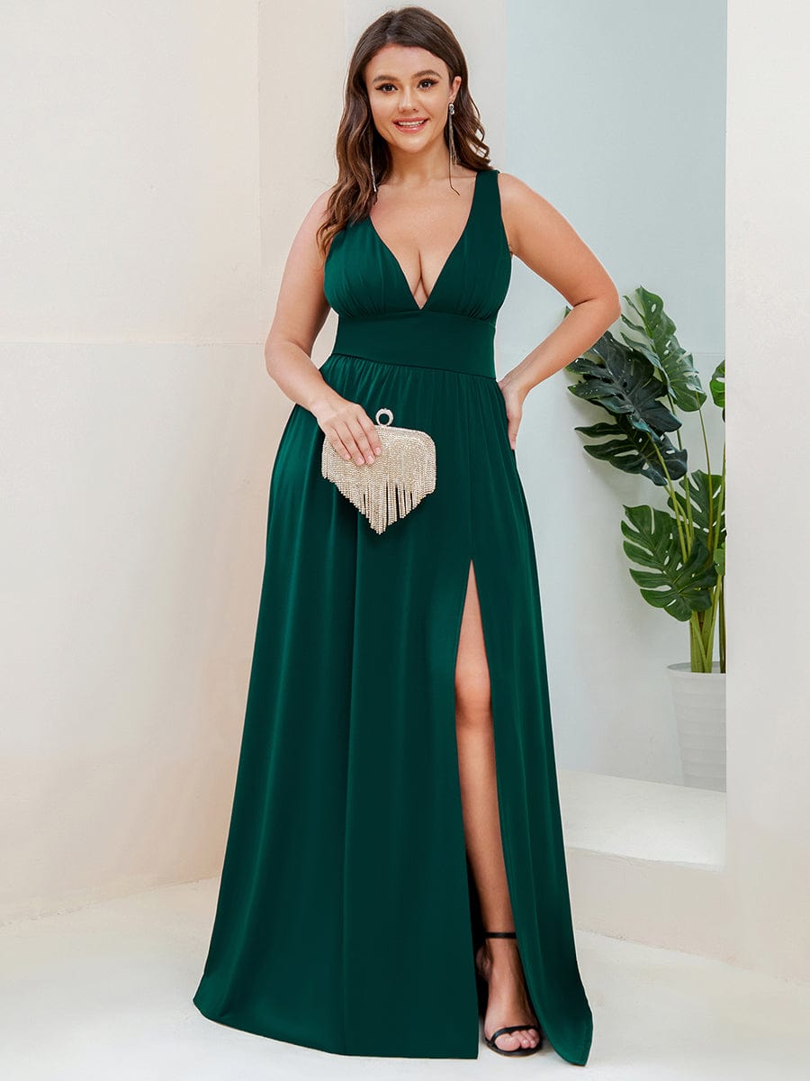 MsDresslyEP Plus Formal Dress Plus Size Sleeveless V-Neck Empire Waist High Slit Floor-Length Evening Dress DRE230973029DGV16