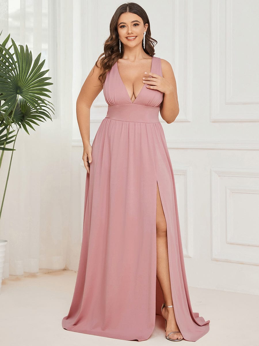MsDresslyEP Plus Formal Dress Plus Size Sleeveless V-Neck Empire Waist High Slit Floor-Length Evening Dress DRE230973036DSR16