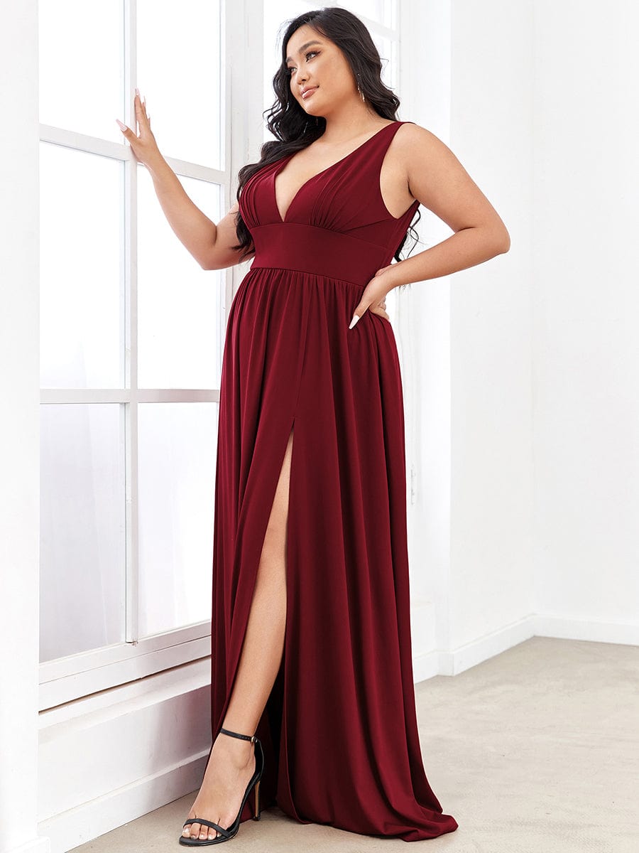 MsDresslyEP Plus Formal Dress Plus Size Sleeveless V-Neck Empire Waist High Slit Floor-Length Evening Dress