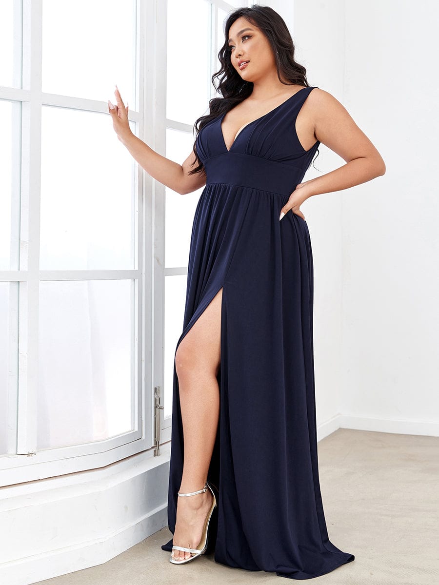 MsDresslyEP Plus Formal Dress Plus Size Sleeveless V-Neck Empire Waist High Slit Floor-Length Evening Dress