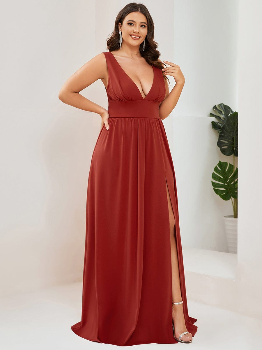 MsDresslyEP Plus Formal Dress Plus Size Sleeveless V-Neck Empire Waist High Slit Floor-Length Evening Dress