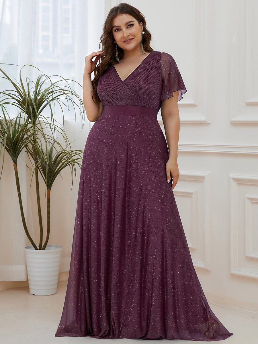 MsDresslyEP Plus Formal Dress Plus Size V Neck Ribbon Waist Formal Evening Dress With Sleeves DRE230975841DPH16
