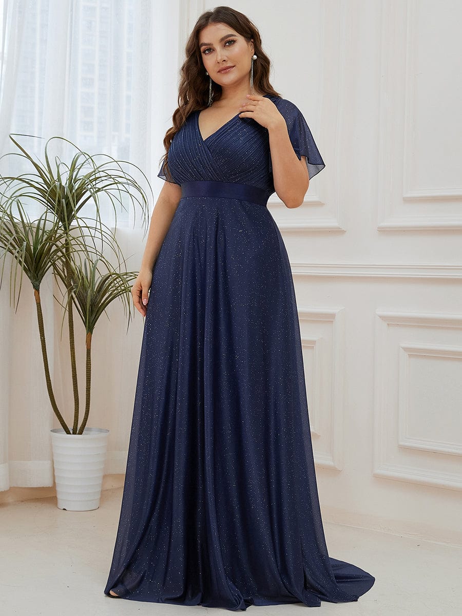 MsDresslyEP Plus Formal Dress Plus Size V Neck Ribbon Waist Formal Evening Dress With Sleeves