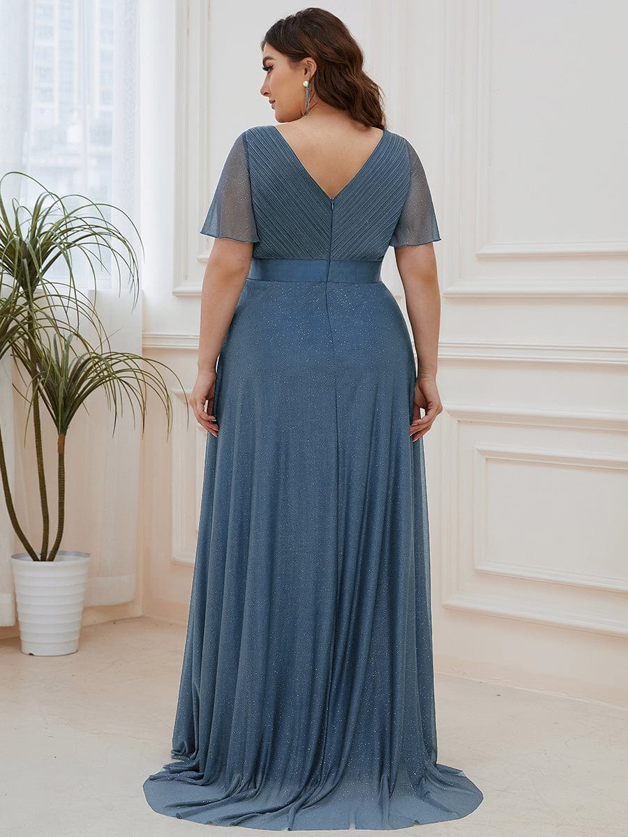 MsDresslyEP Plus Formal Dress Plus Size V Neck Ribbon Waist Formal Evening Dress With Sleeves