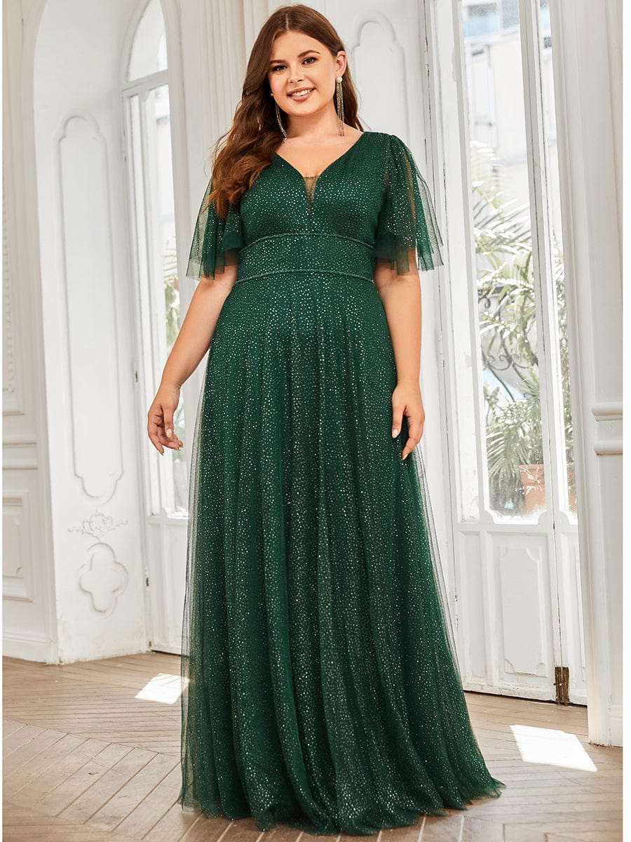MsDresslyEP Plus Formal Dress Plus Size V Neck Tulle Formal Evening Dress with Ruffle Sleeves DRE230972207DGV16