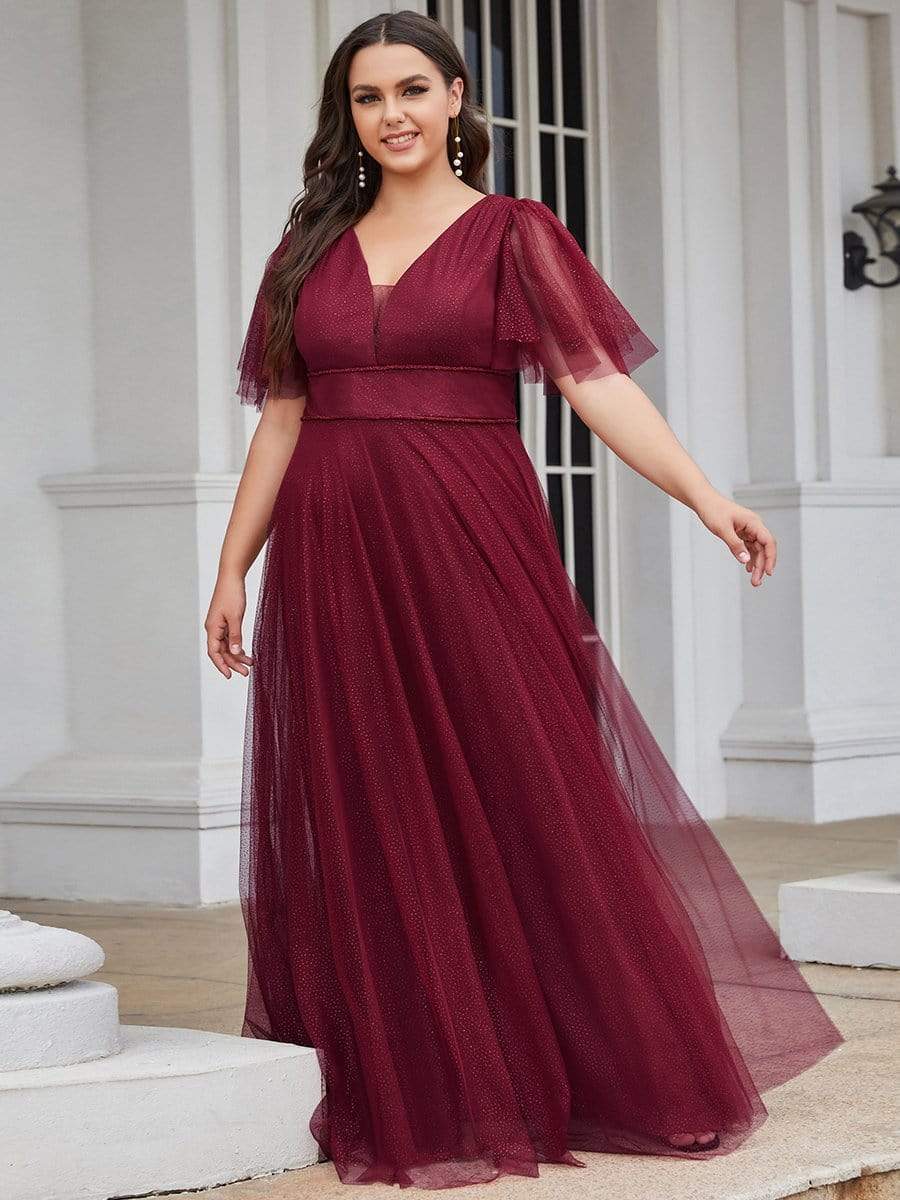 MsDresslyEP Plus Formal Dress Plus Size V Neck Tulle Formal Evening Dress with Ruffle Sleeves DRE230972213BDG16
