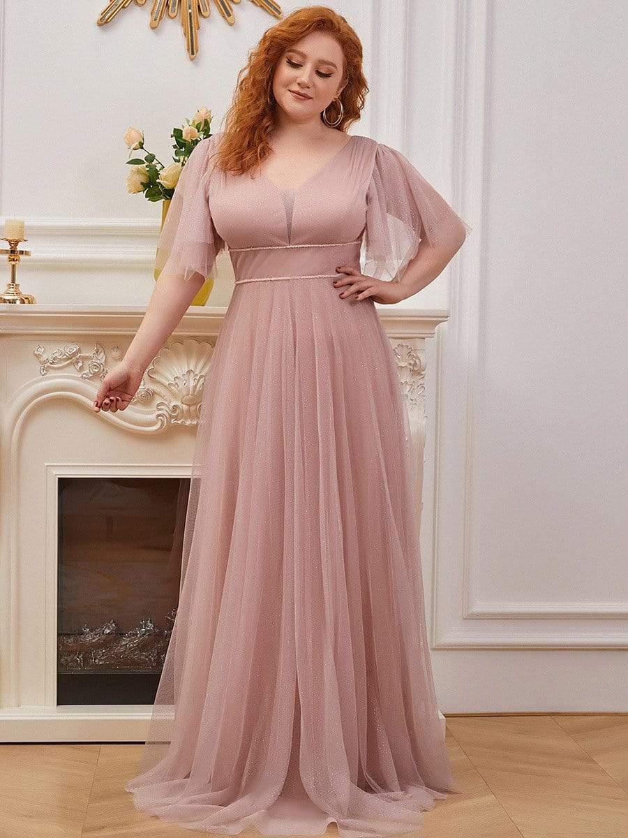 MsDresslyEP Plus Formal Dress Plus Size V Neck Tulle Formal Evening Dress with Ruffle Sleeves DRE230972219PNK16