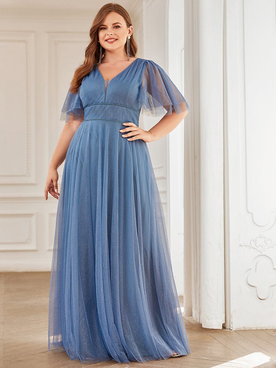 MsDresslyEP Plus Formal Dress Plus Size V Neck Tulle Formal Evening Dress with Ruffle Sleeves DRE230972225DNV16