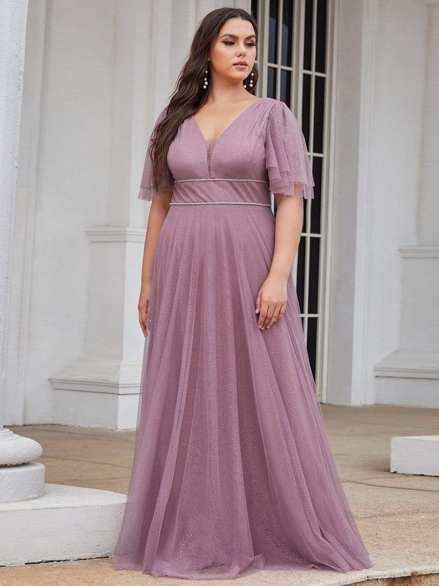 MsDresslyEP Plus Formal Dress Plus Size V Neck Tulle Formal Evening Dress with Ruffle Sleeves DRE230972231POH16