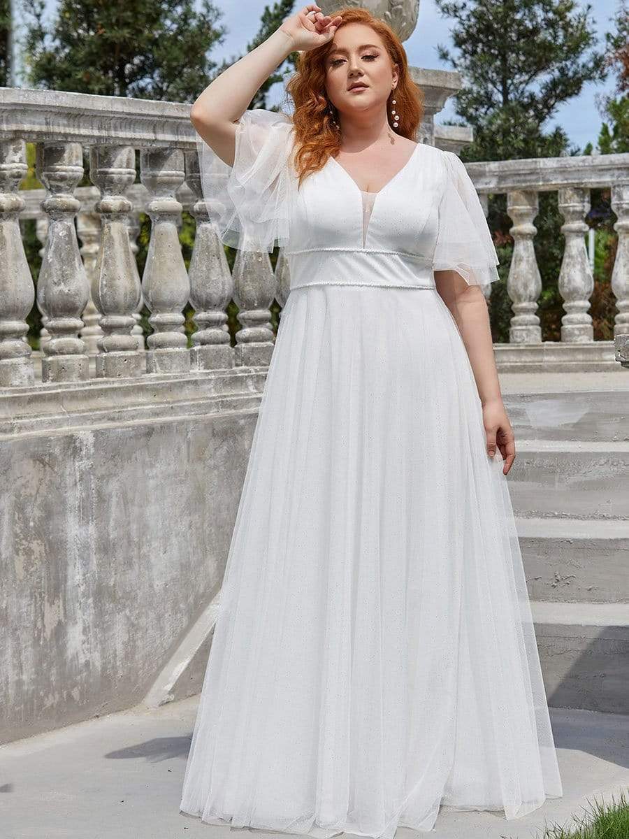 MsDresslyEP Plus Formal Dress Plus Size V Neck Tulle Formal Evening Dress with Ruffle Sleeves DRE230972235CRM16