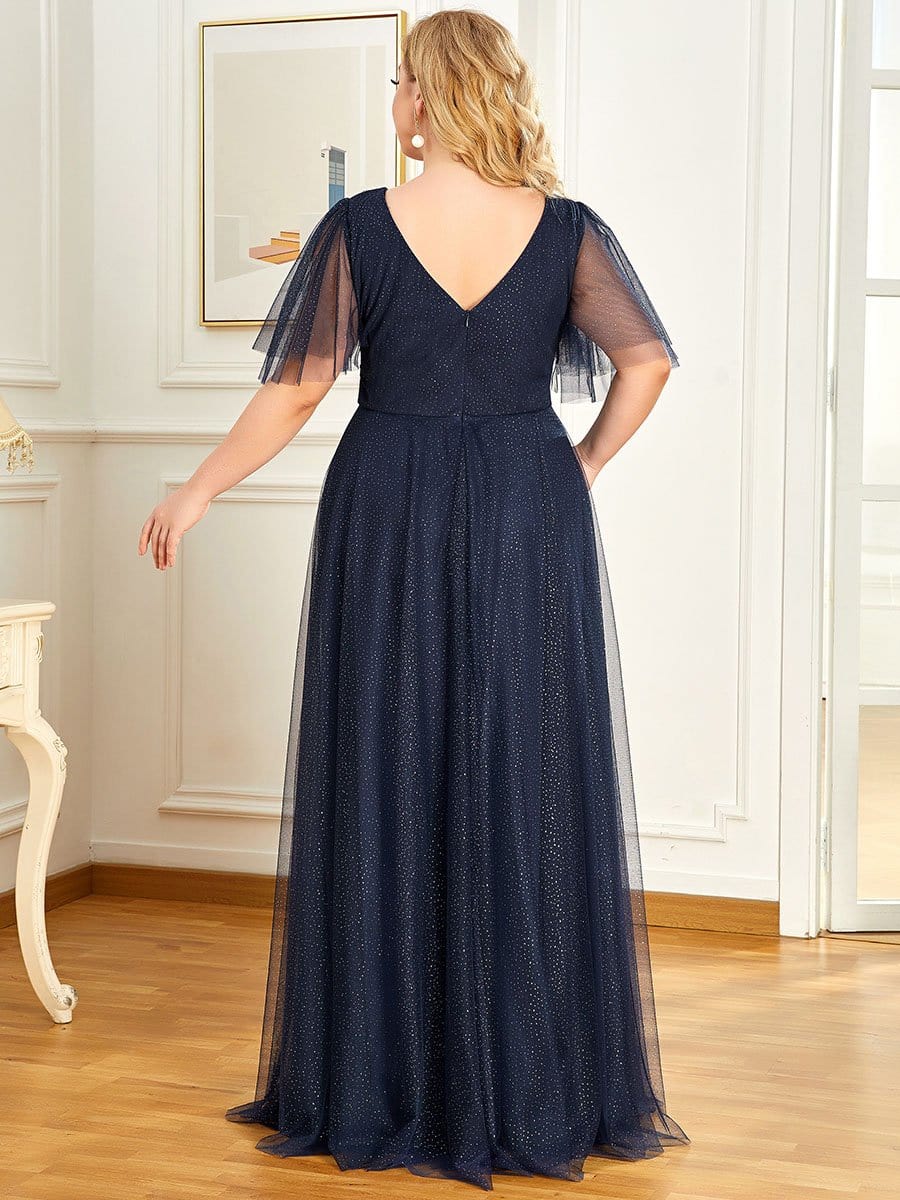 MsDresslyEP Plus Formal Dress Plus Size V Neck Tulle Formal Evening Dress with Ruffle Sleeves