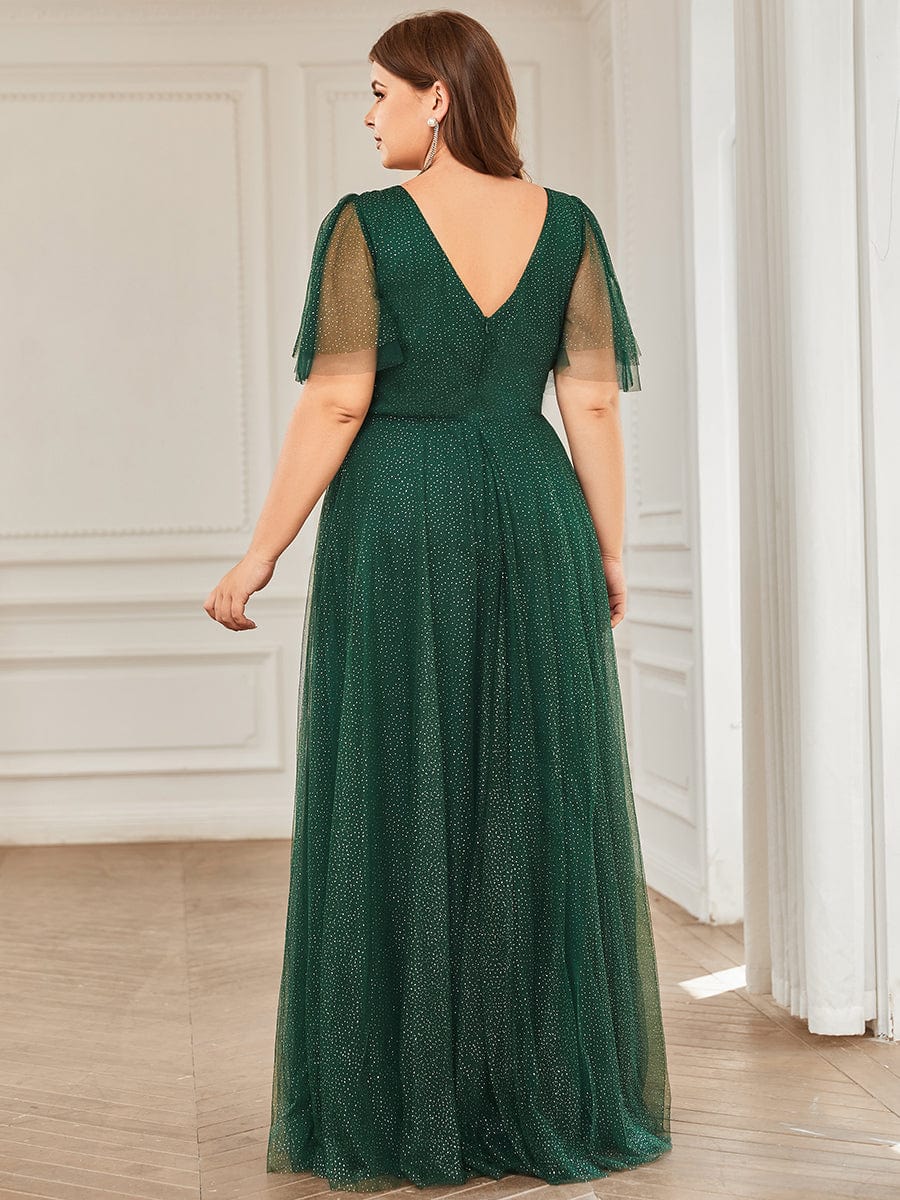 MsDresslyEP Plus Formal Dress Plus Size V Neck Tulle Formal Evening Dress with Ruffle Sleeves