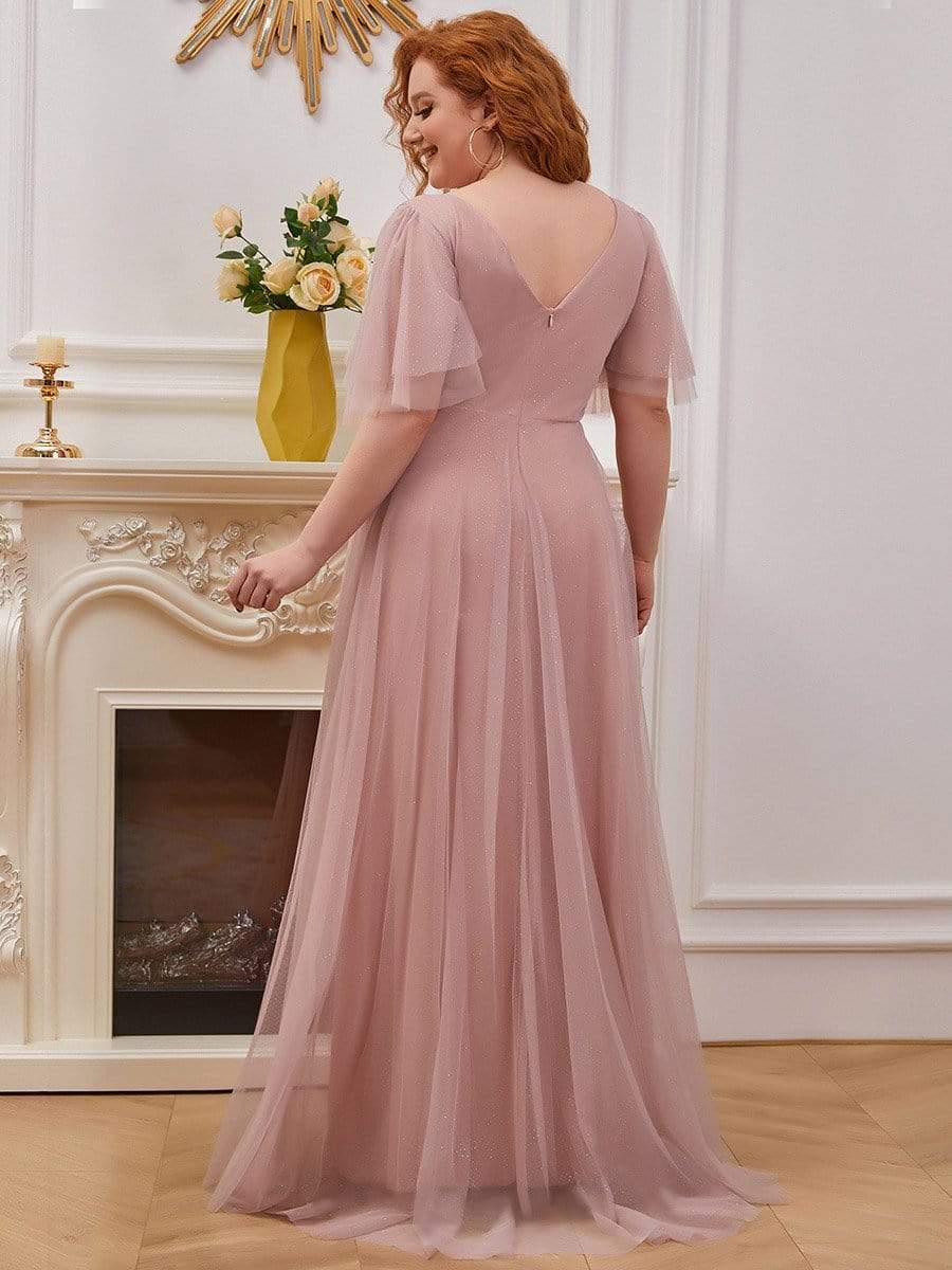 MsDresslyEP Plus Formal Dress Plus Size V Neck Tulle Formal Evening Dress with Ruffle Sleeves