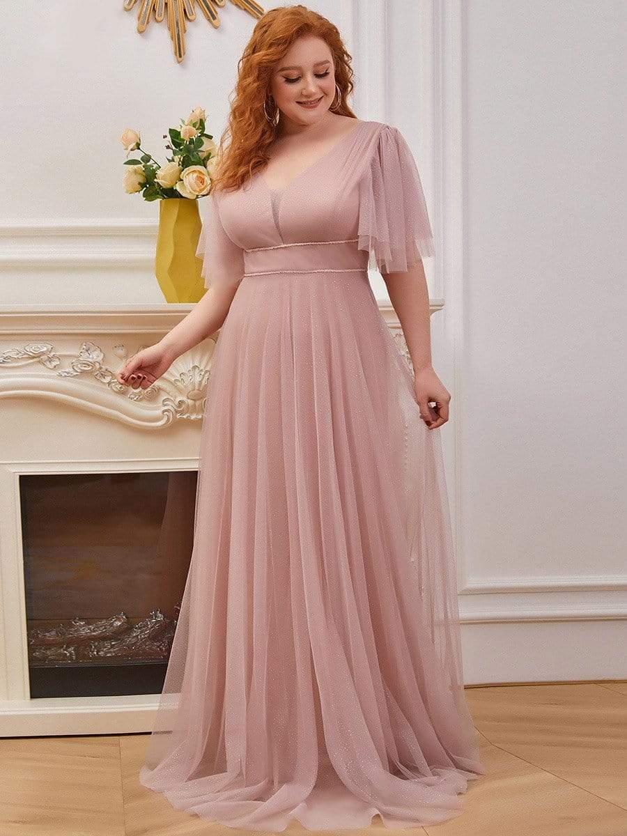 MsDresslyEP Plus Formal Dress Plus Size V Neck Tulle Formal Evening Dress with Ruffle Sleeves