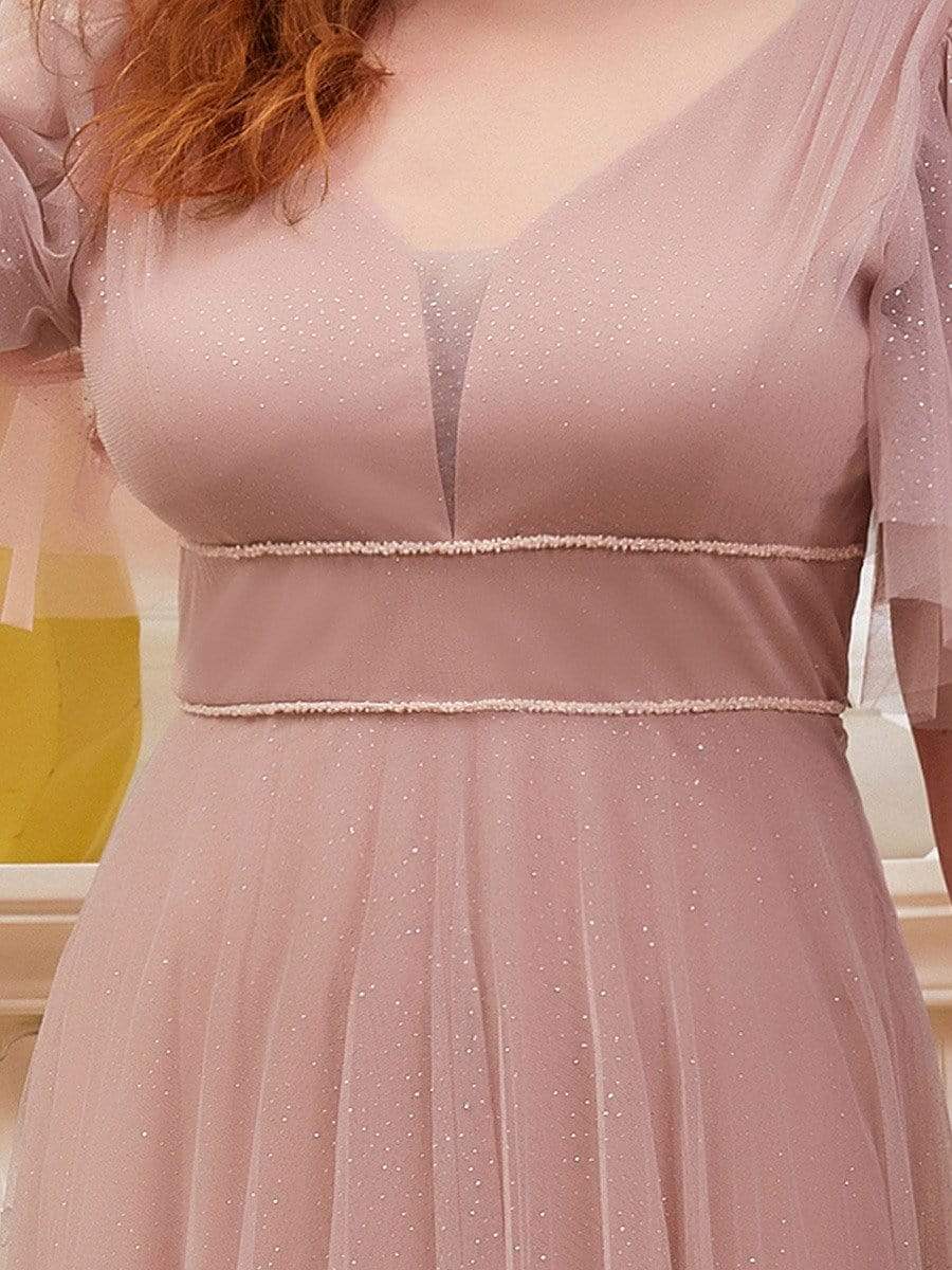 MsDresslyEP Plus Formal Dress Plus Size V Neck Tulle Formal Evening Dress with Ruffle Sleeves