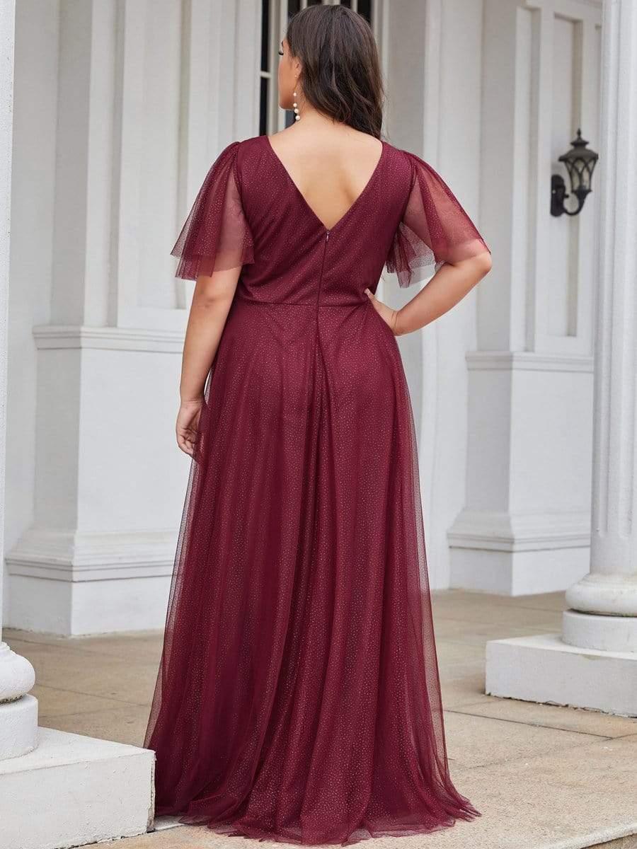 MsDresslyEP Plus Formal Dress Plus Size V Neck Tulle Formal Evening Dress with Ruffle Sleeves