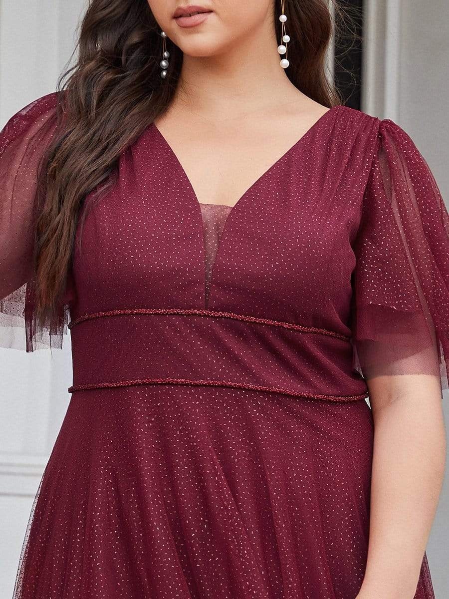 MsDresslyEP Plus Formal Dress Plus Size V Neck Tulle Formal Evening Dress with Ruffle Sleeves