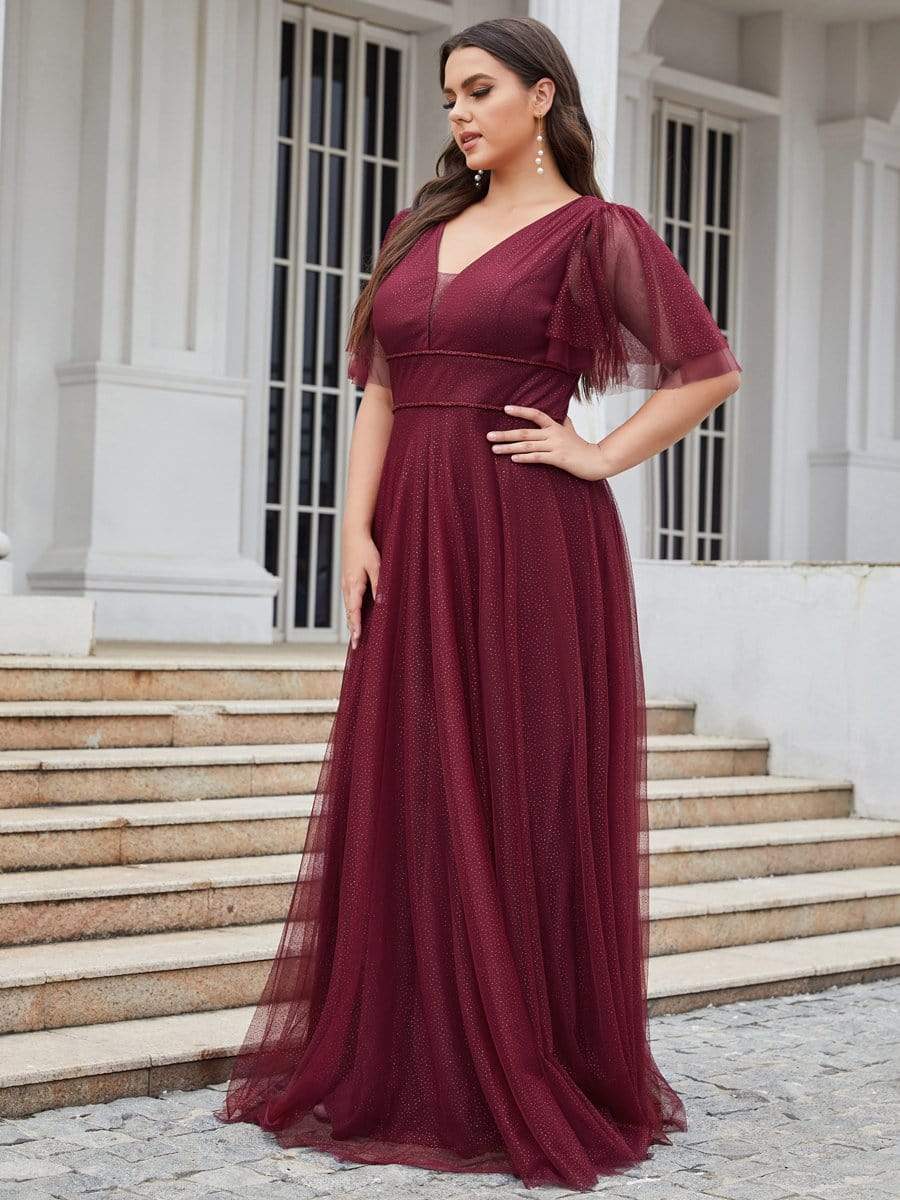 MsDresslyEP Plus Formal Dress Plus Size V Neck Tulle Formal Evening Dress with Ruffle Sleeves
