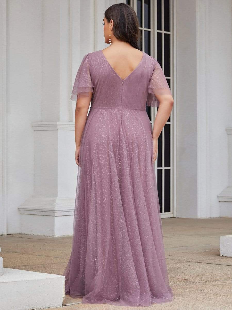 MsDresslyEP Plus Formal Dress Plus Size V Neck Tulle Formal Evening Dress with Ruffle Sleeves