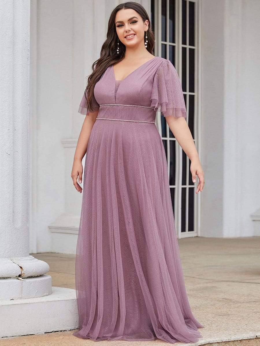 MsDresslyEP Plus Formal Dress Plus Size V Neck Tulle Formal Evening Dress with Ruffle Sleeves