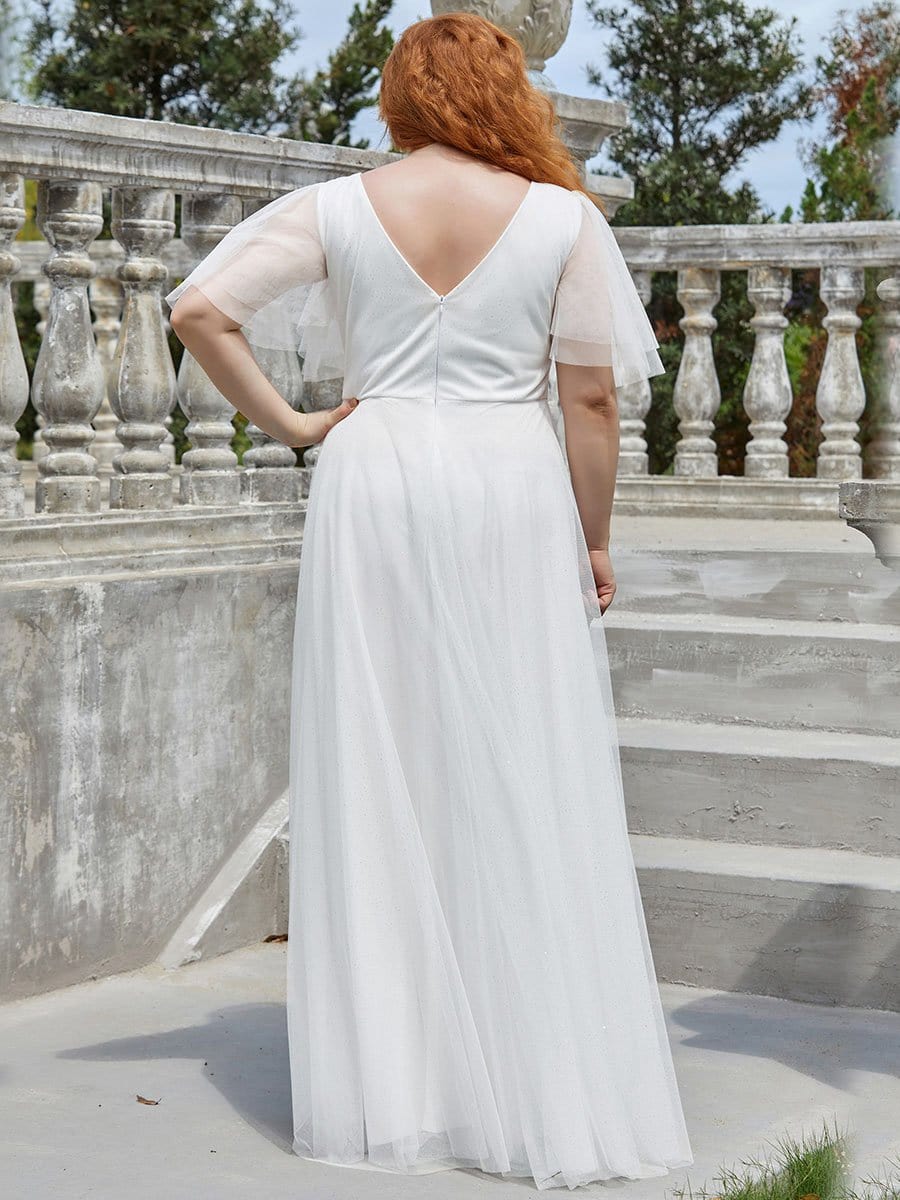 MsDresslyEP Plus Formal Dress Plus Size V Neck Tulle Formal Evening Dress with Ruffle Sleeves