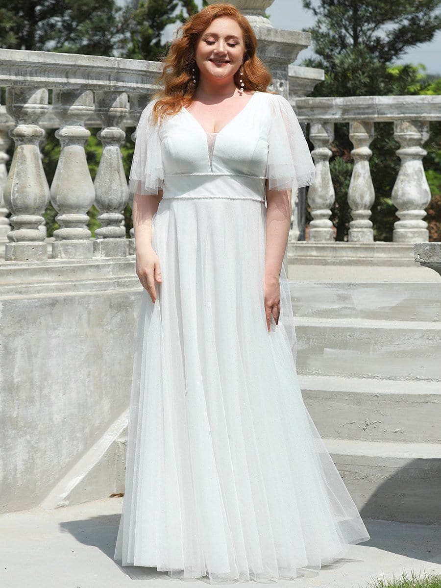 MsDresslyEP Plus Formal Dress Plus Size V Neck Tulle Formal Evening Dress with Ruffle Sleeves