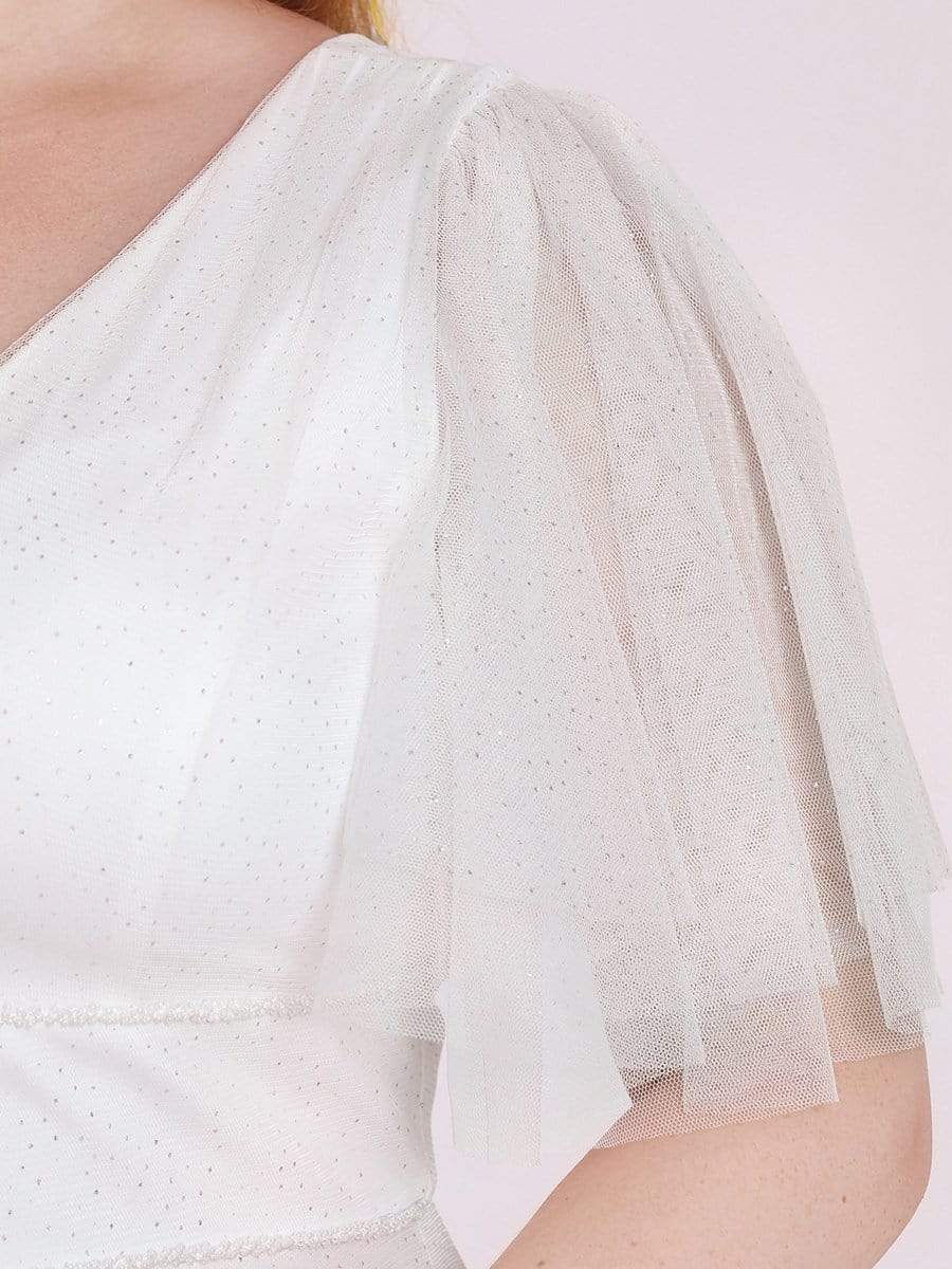 MsDresslyEP Plus Formal Dress Plus Size V Neck Tulle Formal Evening Dress with Ruffle Sleeves
