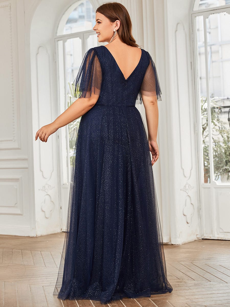 MsDresslyEP Plus Formal Dress Plus Size V Neck Tulle Formal Evening Dress with Ruffle Sleeves