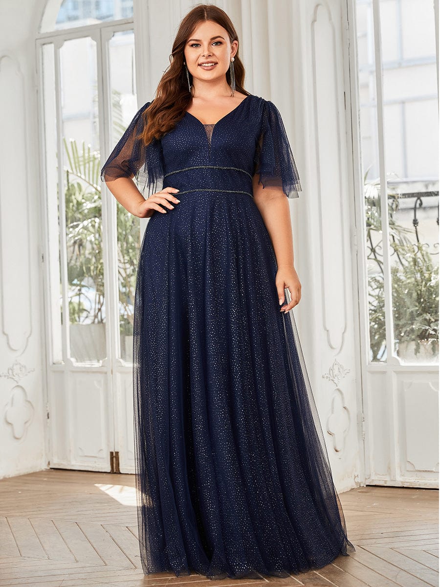 MsDresslyEP Plus Formal Dress Plus Size V Neck Tulle Formal Evening Dress with Ruffle Sleeves